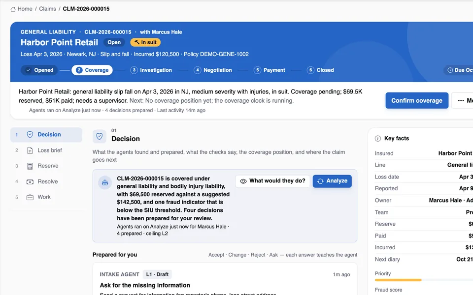 InsightCW claim workspace showing the agents' summary, the stage strip and key facts