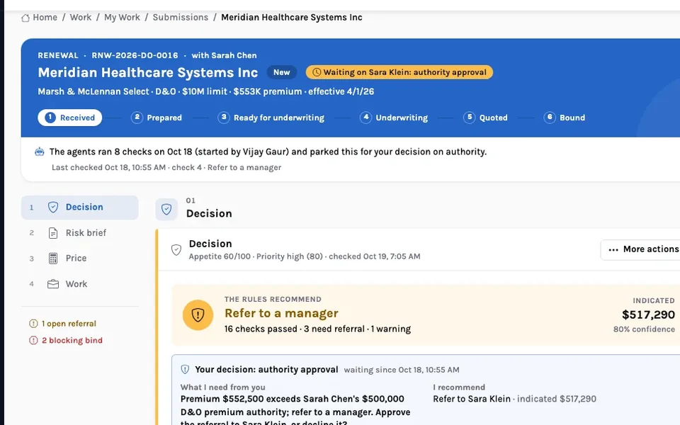 InsightUW submission workspace with the rules recommendation and the authority decision